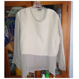 Vintage Neutral Silk Linen Batik Shark Hemline Lagenlook Tunic Blouse Size Large